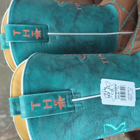 TIN HAUL "Barb'd Wire" turquoise & brown leather square toe cowgirl boot… - Picture 10 of 16